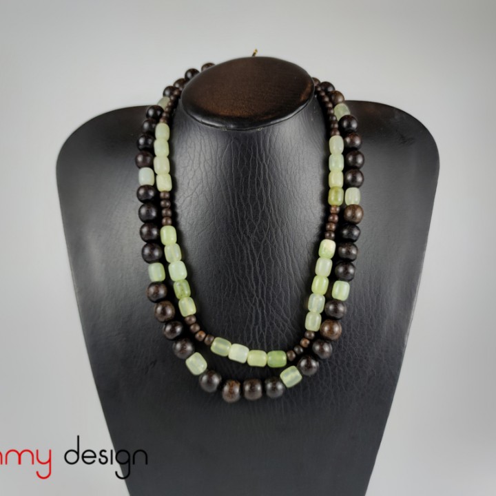 Necklace designed with green agate, black wood beads